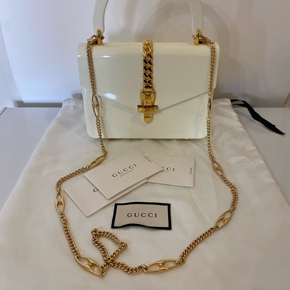 New GUCCI Plexiglass Mini Sylvie 1969 Top Handle Ivory White Chain Shoulder Bag - Picture 5 of 14